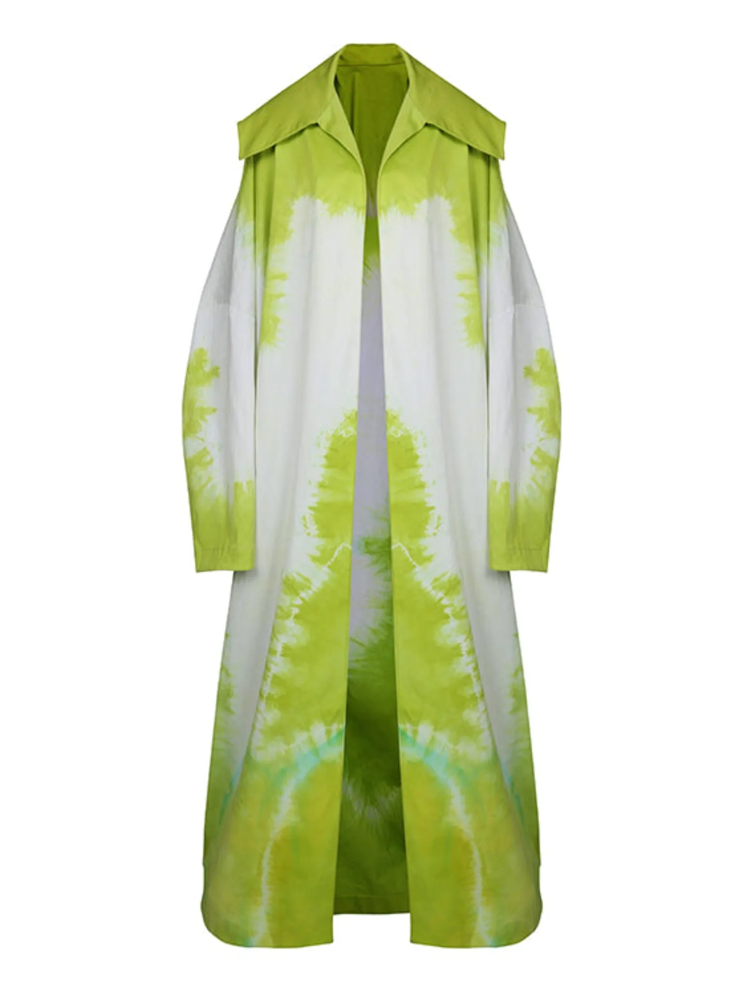 Lime tie-dye on white cotton duster coat