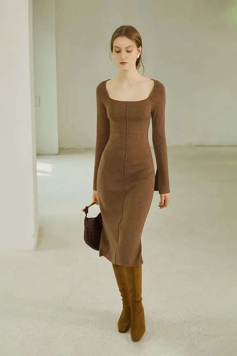 Long Sleeve Square Neck Knit Midi Dress