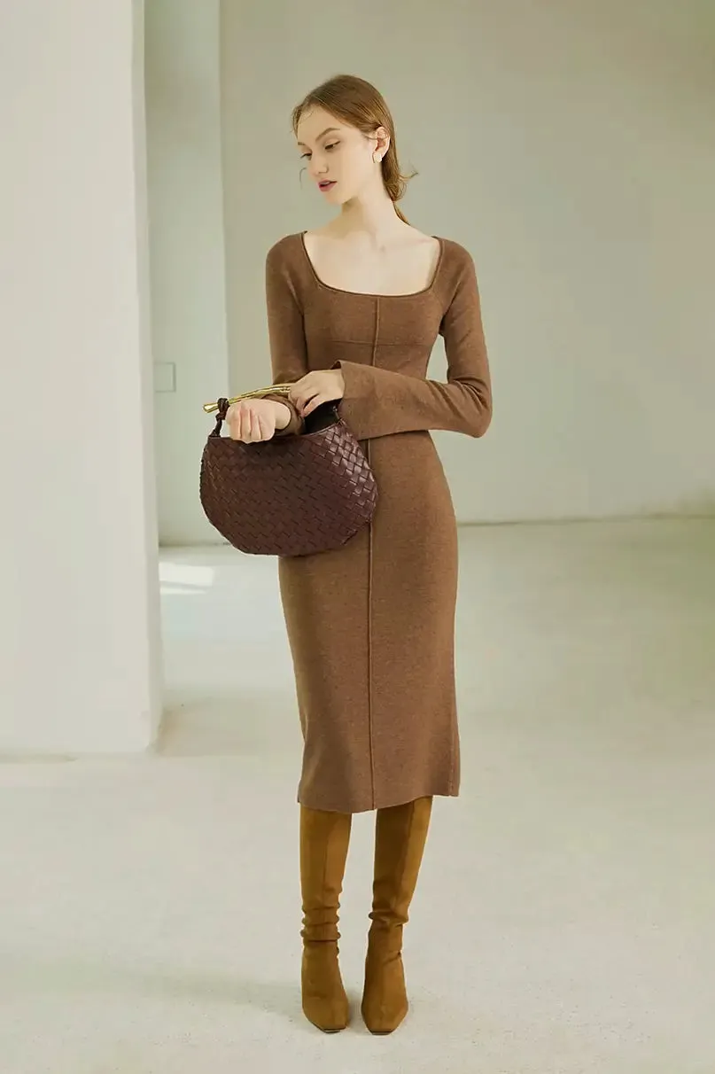 Long Sleeve Square Neck Knit Midi Dress