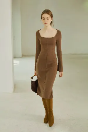 Long Sleeve Square Neck Knit Midi Dress