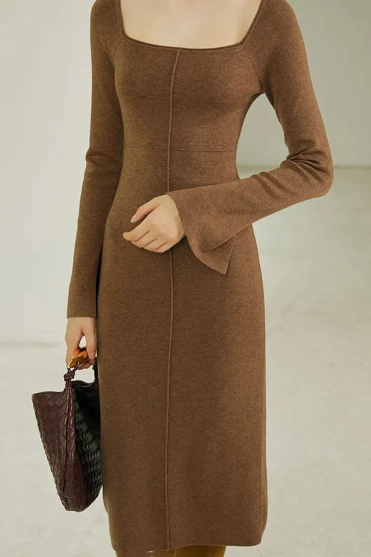 Long Sleeve Square Neck Knit Midi Dress