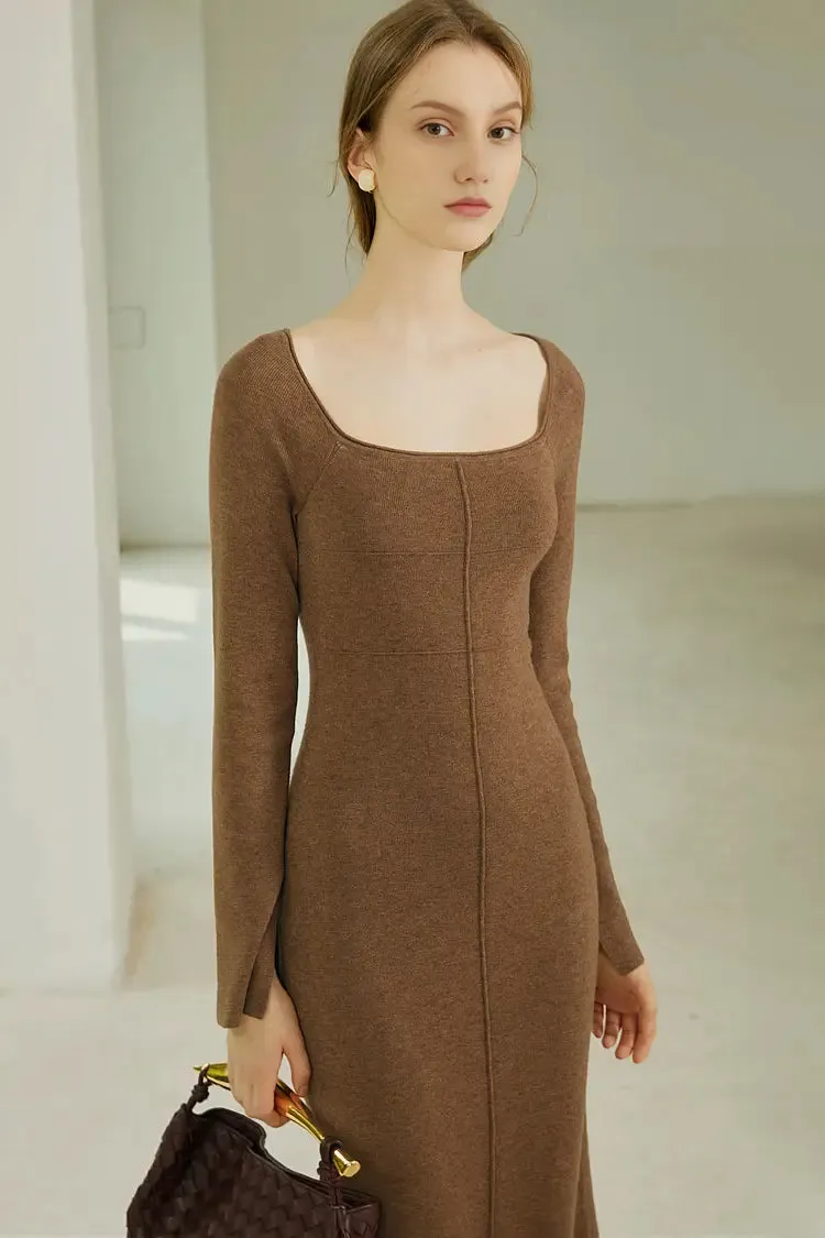 Long Sleeve Square Neck Knit Midi Dress