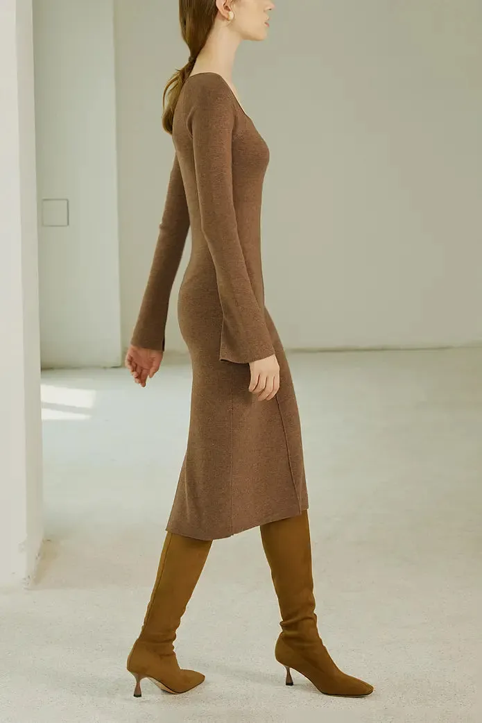 Long Sleeve Square Neck Knit Midi Dress