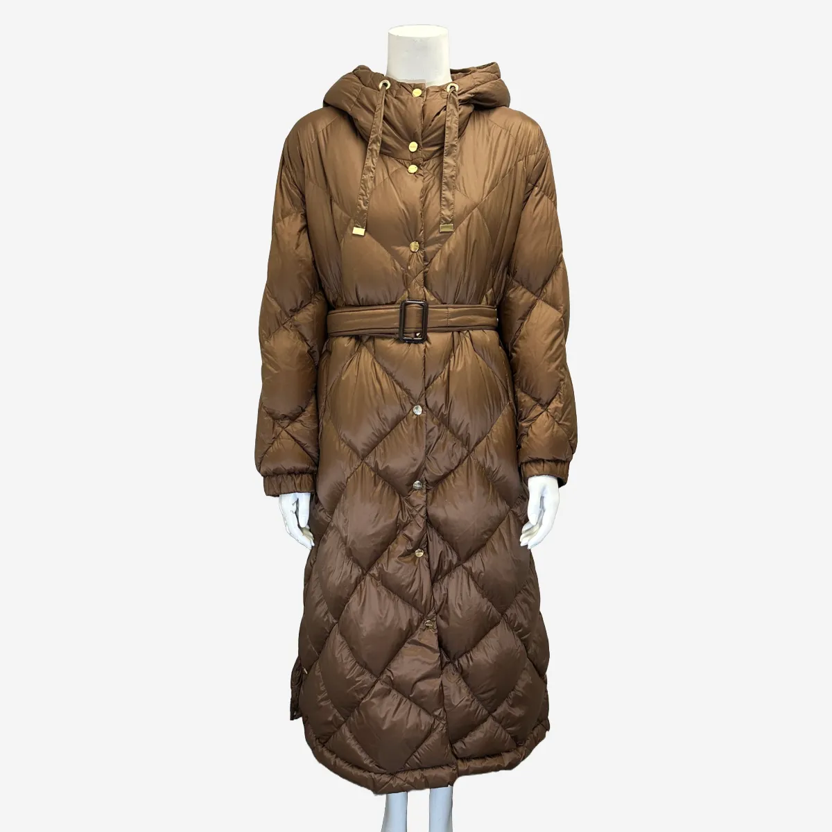Max Mara brown quilted nylon down filled puffer belted coat with hood