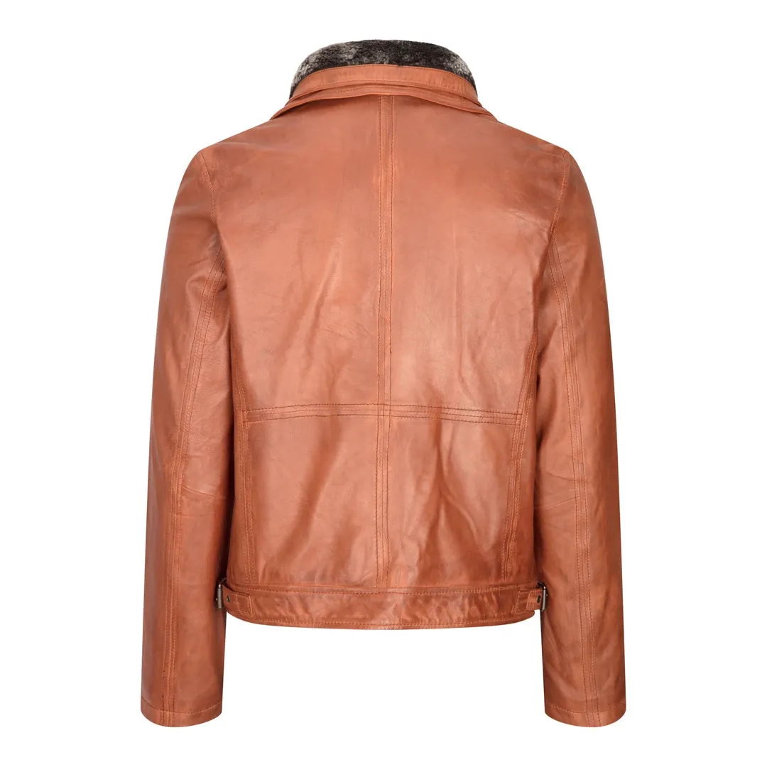 Men's Washed Rust Tan Brown Removable Fur Collar Leather Jacket Zipped