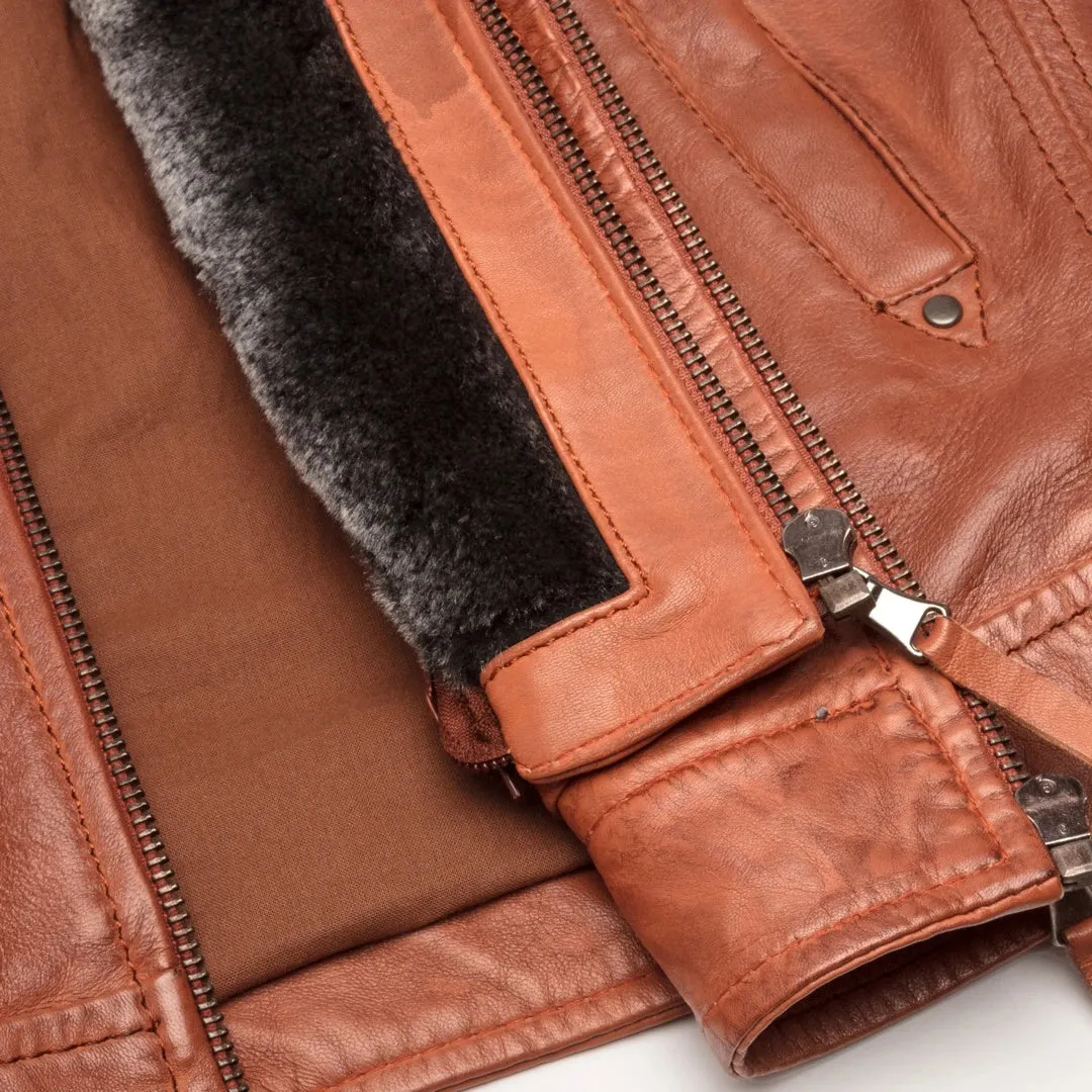 Men's Washed Rust Tan Brown Removable Fur Collar Leather Jacket Zipped