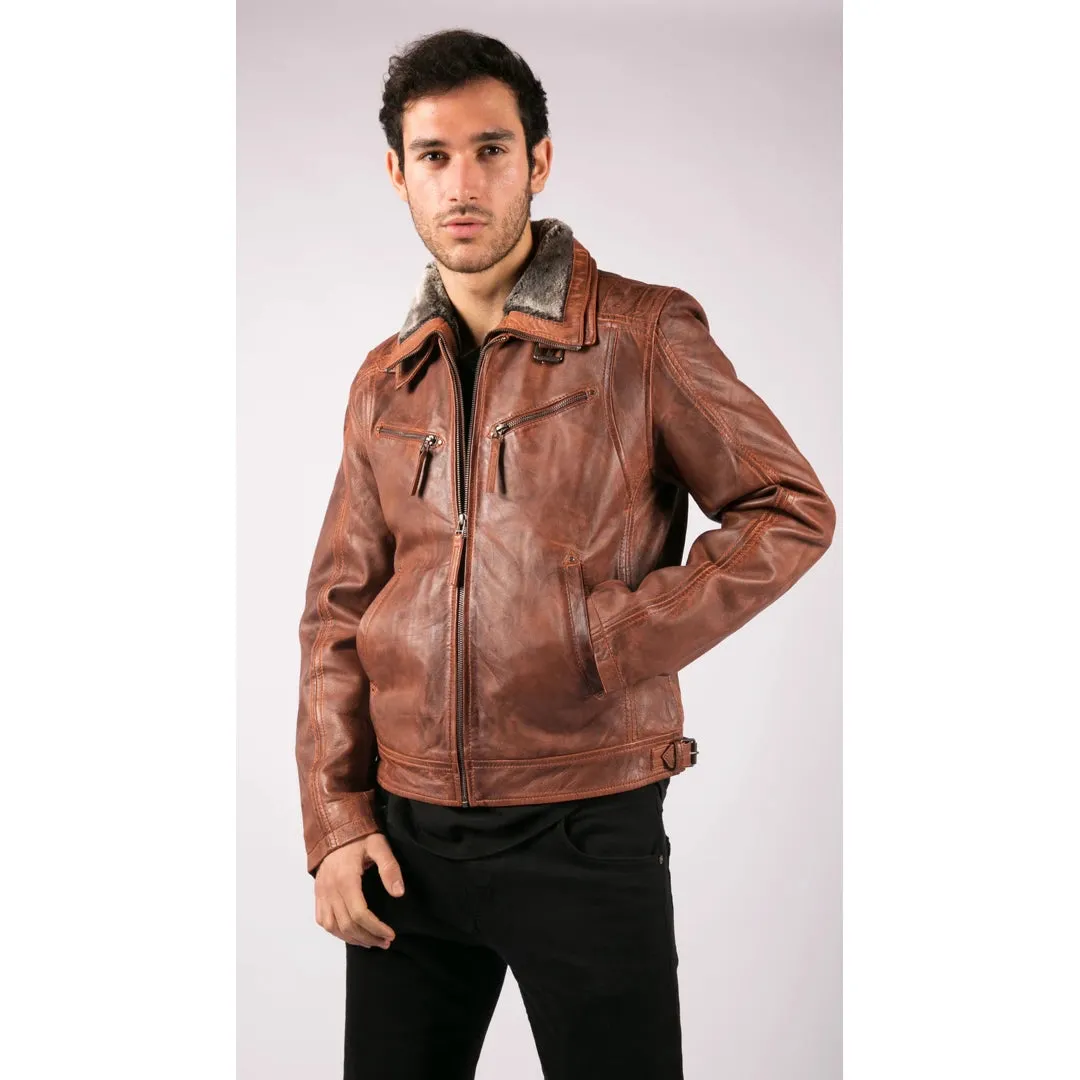 Men's Washed Rust Tan Brown Removable Fur Collar Leather Jacket Zipped