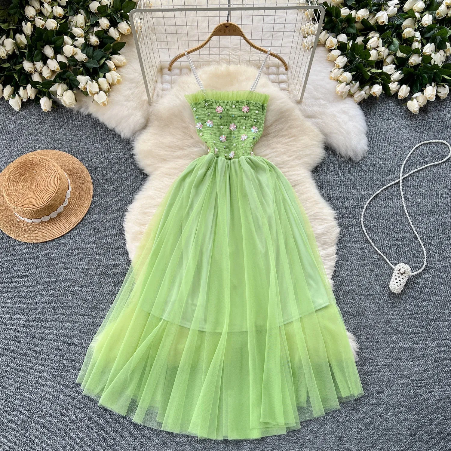 Mori Beaded Puffy Mesh Slip Dress