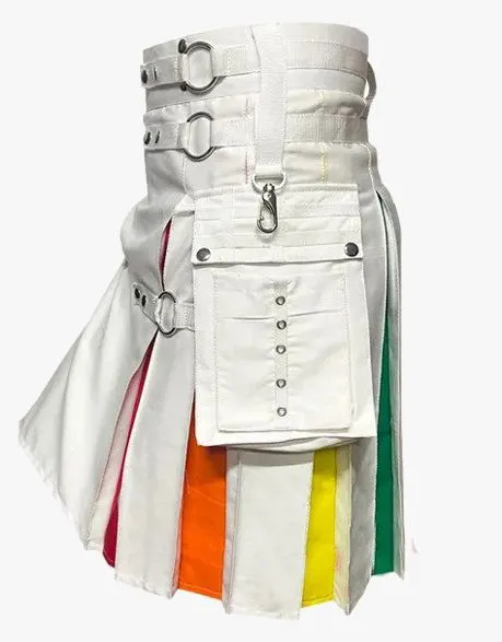 NYLON strapped hybrid utility kilt with white rainbow colors