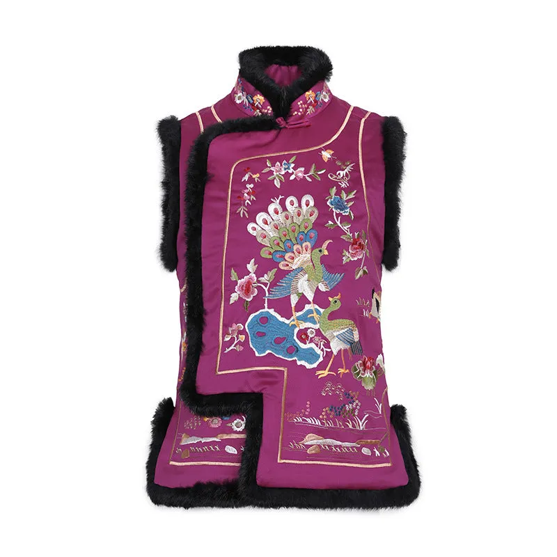 Peacock & Floral Embroidery Chinese Style Wadded Waistcoat Vest