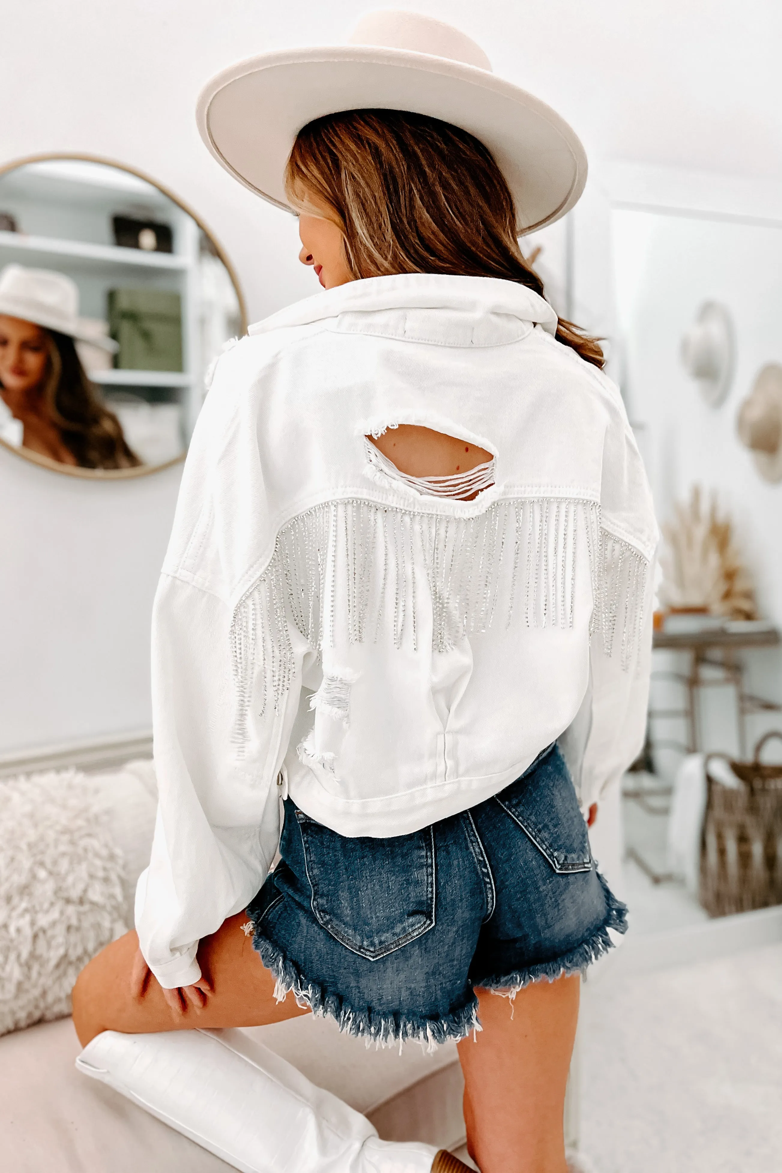 Rhinestone Dreams Rhinestone Fringe Cropped Denim Jacket (White)