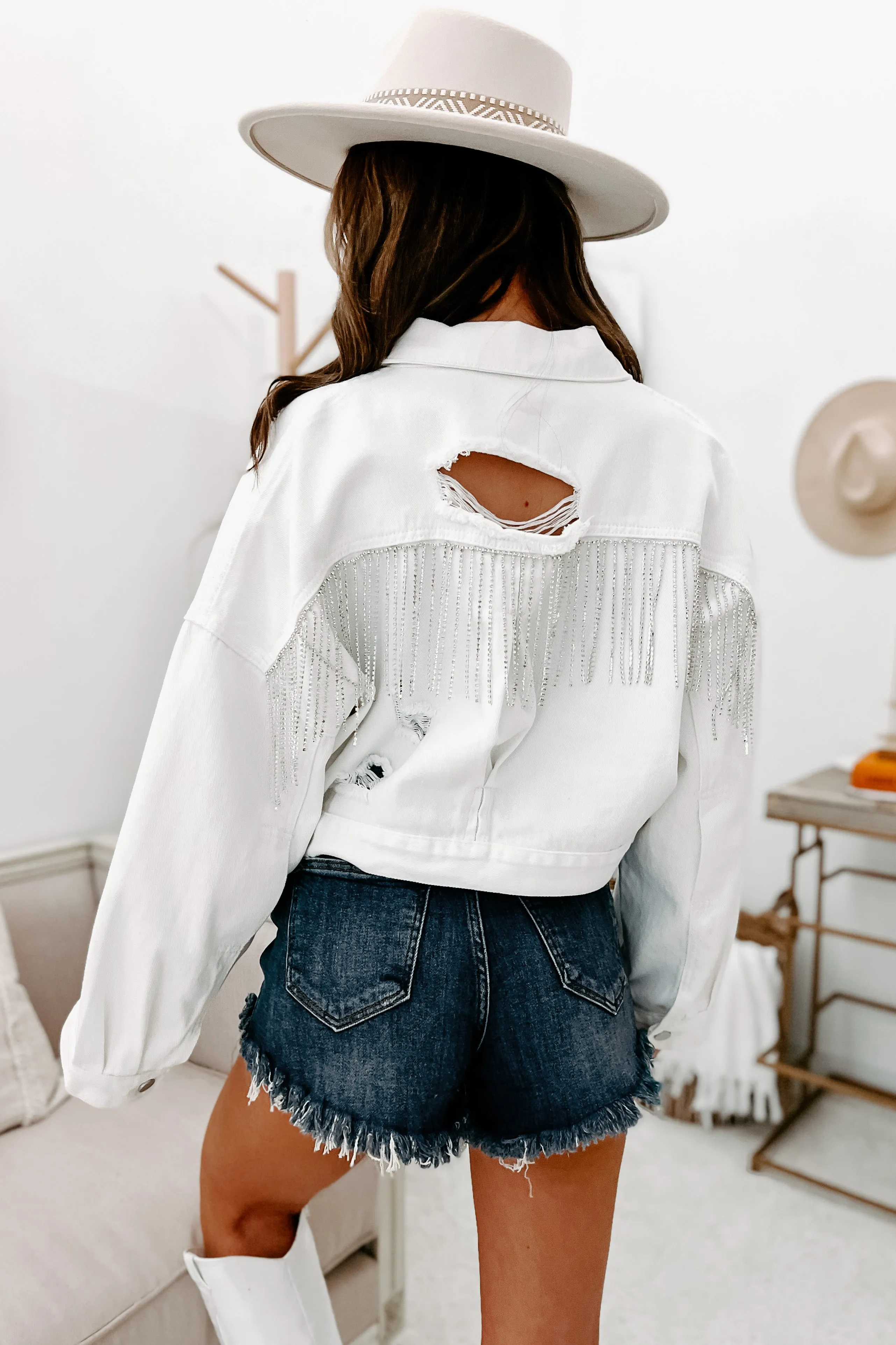 Rhinestone Dreams Rhinestone Fringe Cropped Denim Jacket (White)