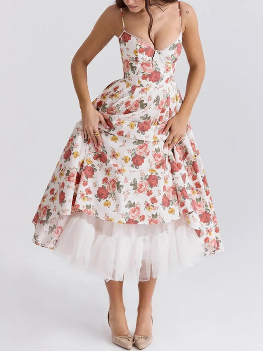 Rose Print Lace Tulle Midi Dress