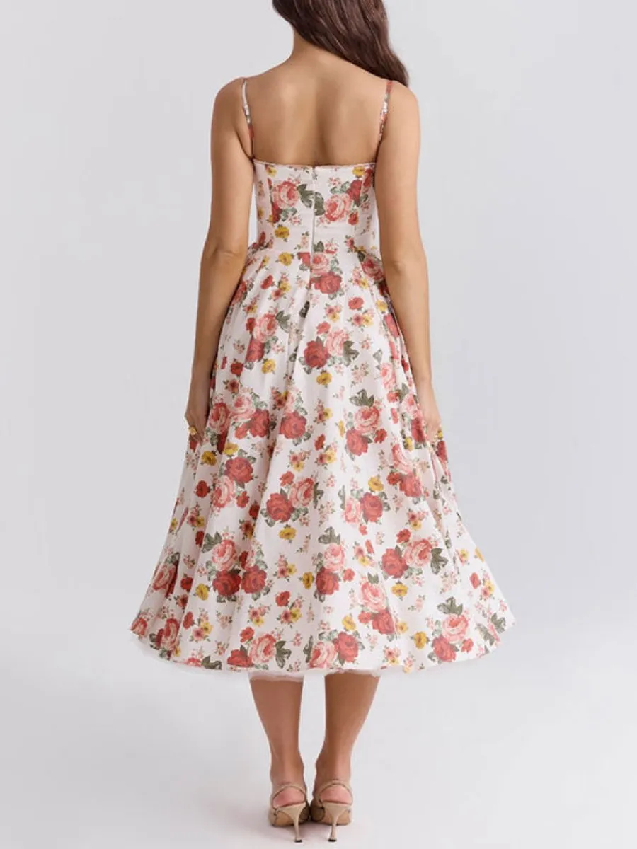 Rose Print Lace Tulle Midi Dress