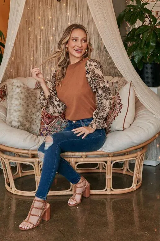 Simple Elegance Camel Sweater with Jacquard Organza Sleeves