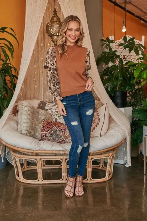 Simple Elegance Camel Sweater with Jacquard Organza Sleeves