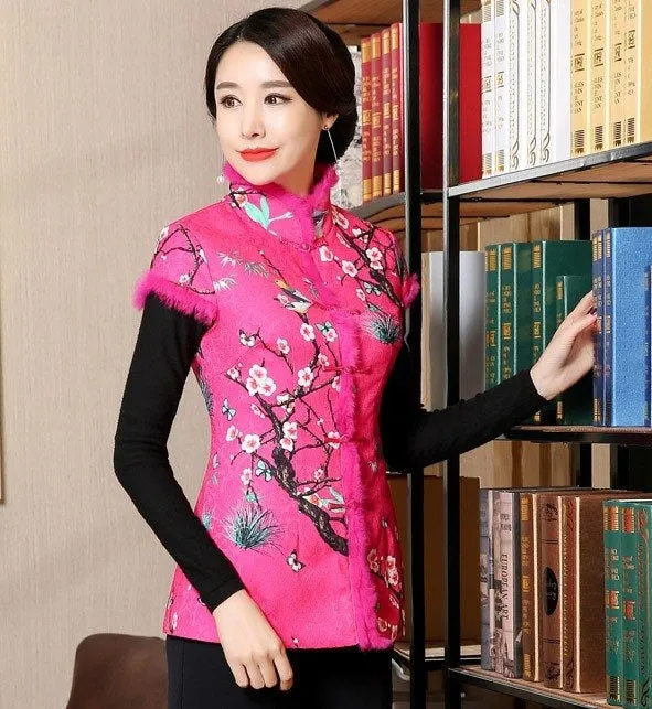 Stand Collar & Fur Edge Floral Chinese Style Wadded Waistcoat Vest