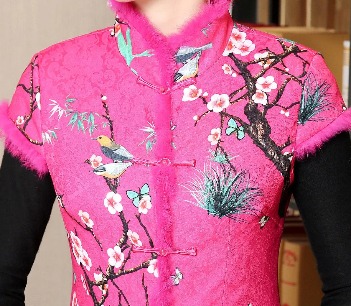 Stand Collar & Fur Edge Floral Chinese Style Wadded Waistcoat Vest