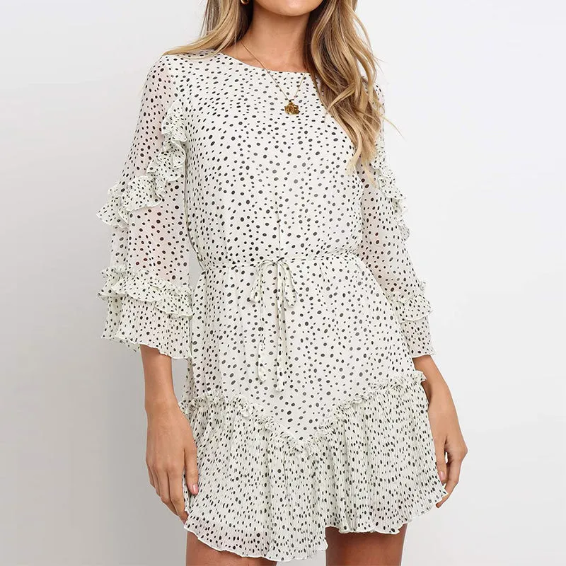 Trendy O neck three quarter sleeve flare women dress short boho clothing spring summer Guangzhou lady garment