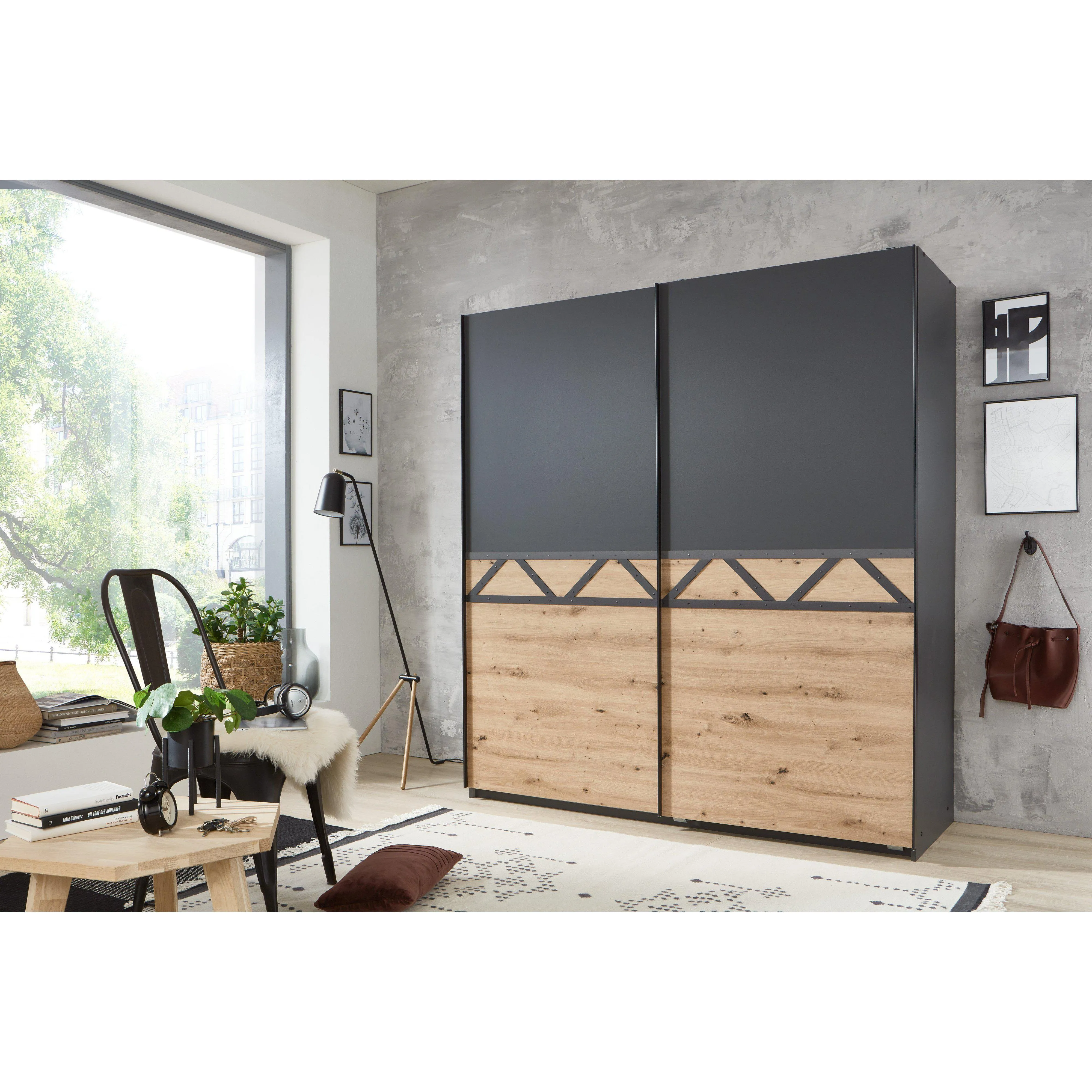 TROY Luxury 180cm Sliding Door Wardrobe Graphite, Oak