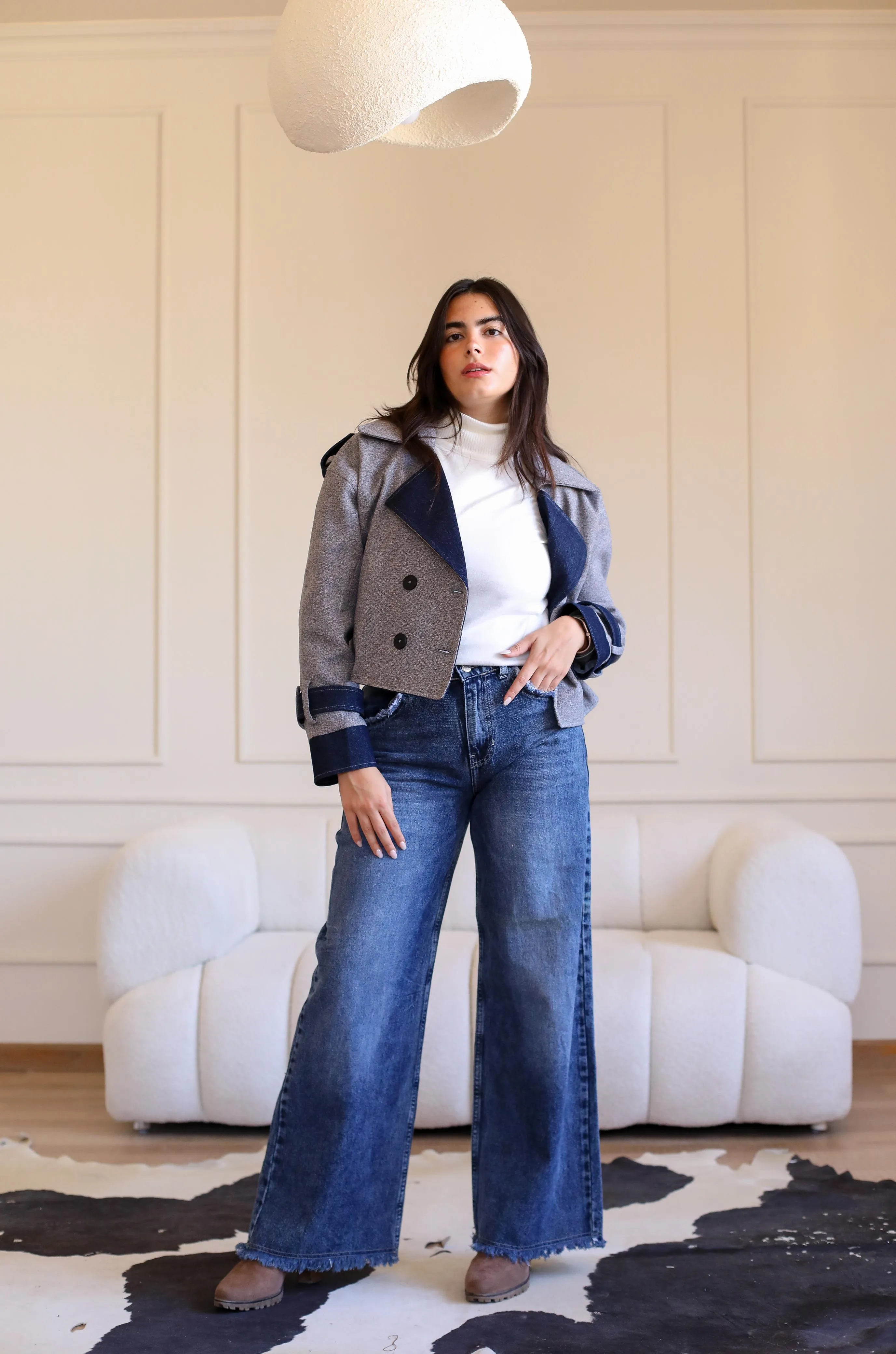 Velvet wool X Denim Cropped Coat -blue