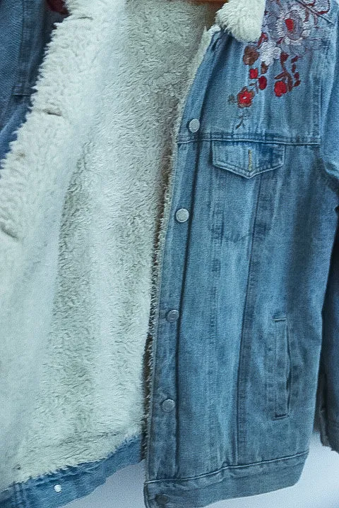 Vintage Faux fur denim floral print blue jacket