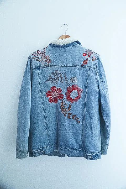 Vintage Faux fur denim floral print blue jacket