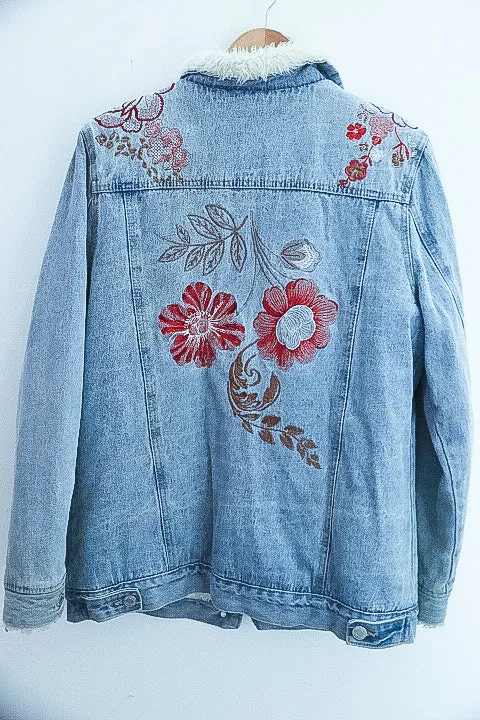 Vintage Faux fur denim floral print blue jacket