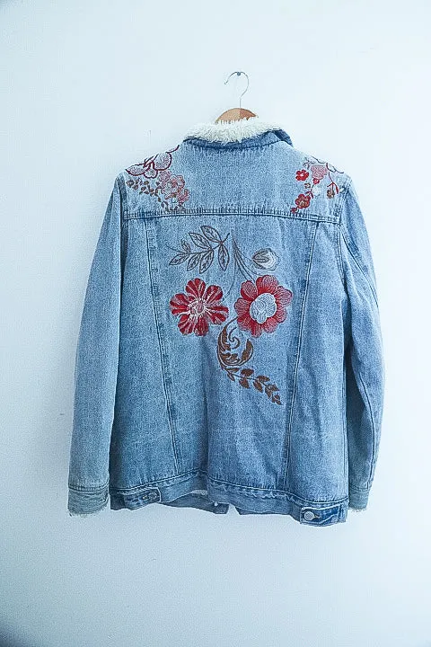 Vintage Faux fur denim floral print blue jacket