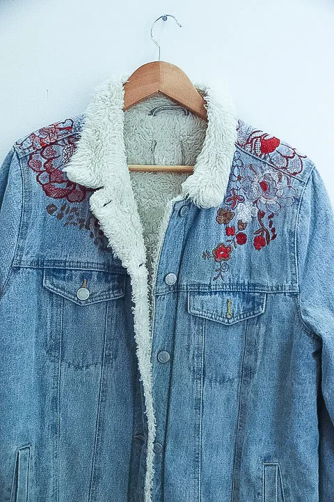 Vintage Faux fur denim floral print blue jacket