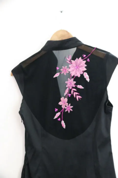 VINTAGE JANE NORMAN BLACK & PINK EMBROIDERED SATIN DRESS