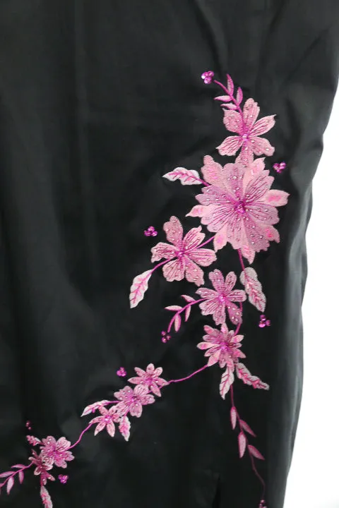 VINTAGE JANE NORMAN BLACK & PINK EMBROIDERED SATIN DRESS