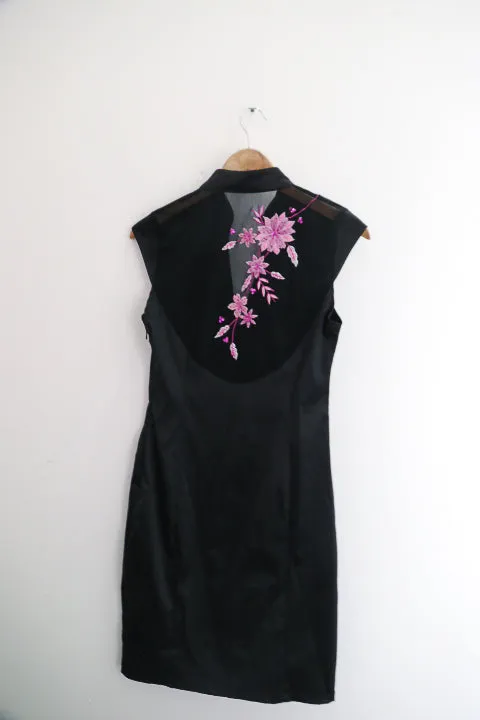 VINTAGE JANE NORMAN BLACK & PINK EMBROIDERED SATIN DRESS