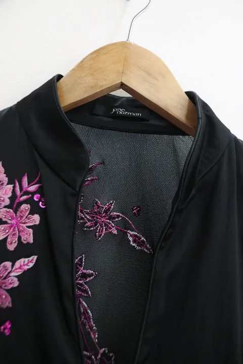 VINTAGE JANE NORMAN BLACK & PINK EMBROIDERED SATIN DRESS