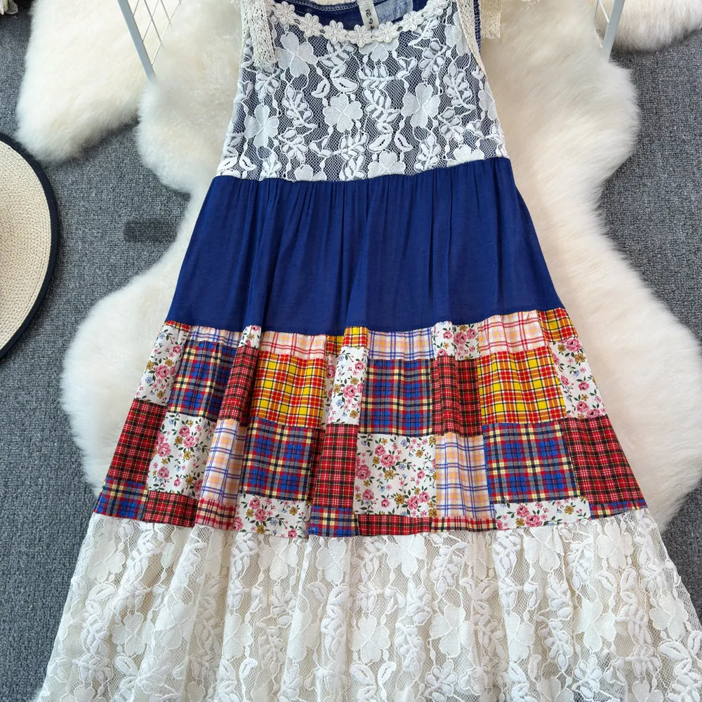Vintage Plaid Patchwork Slip Dress