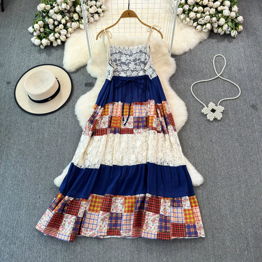 Vintage Plaid Patchwork Slip Dress