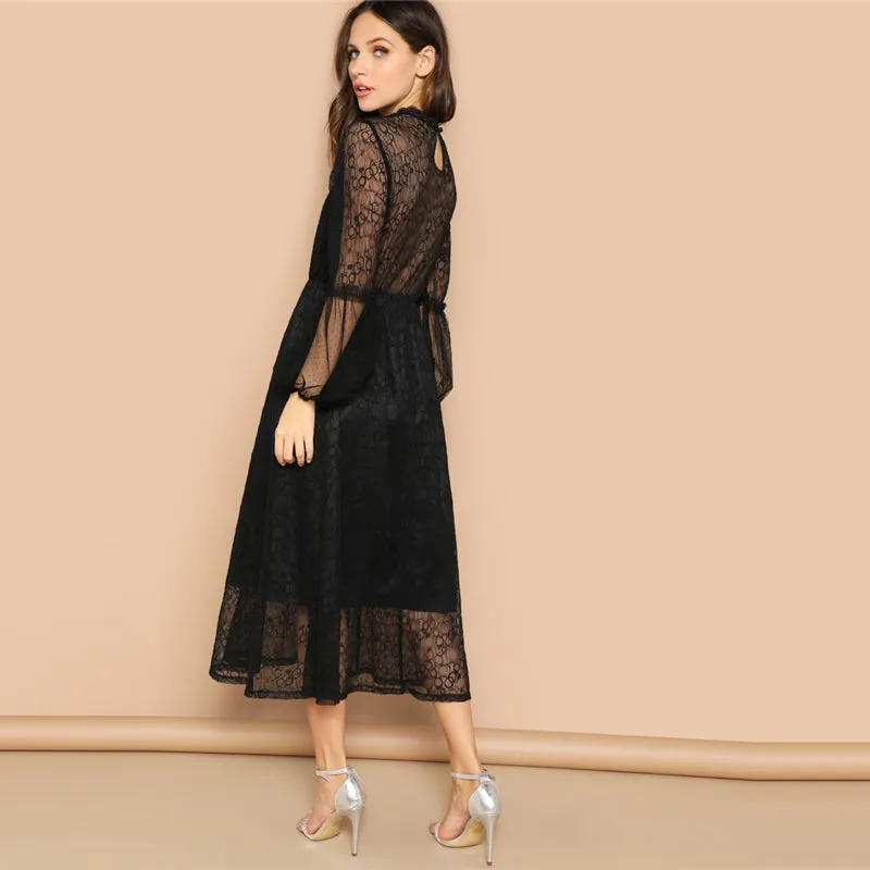 Women's Summer Casual Lace A-Line Puff-Sleeved Long Dress