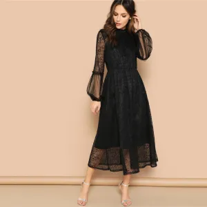 Women's Summer Casual Lace A-Line Puff-Sleeved Long Dress