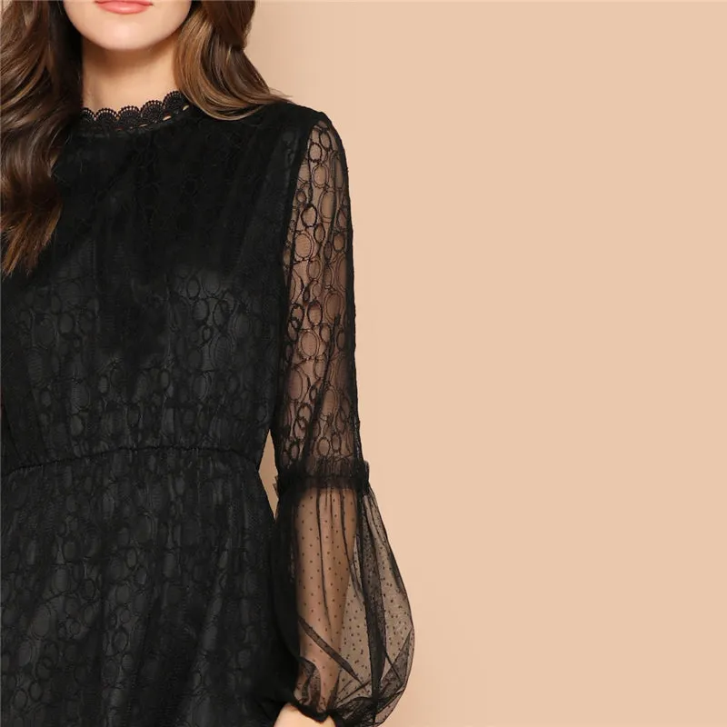 Women's Summer Casual Lace A-Line Puff-Sleeved Long Dress