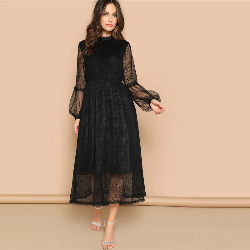 Women's Summer Casual Lace A-Line Puff-Sleeved Long Dress