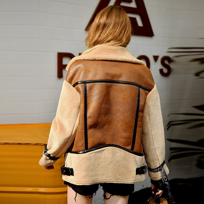 Women's Winter Slim Faux Sheepskin Coat With Faux Fur