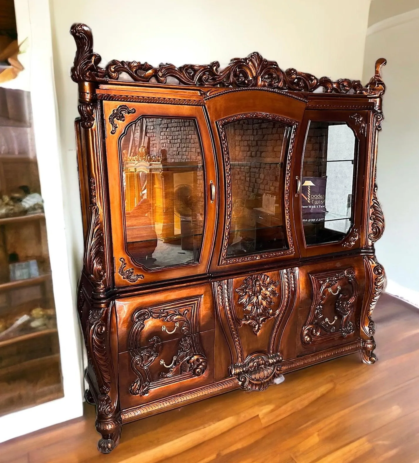 Wooden Twist Extended Royal Hand Carved Teak Wood Kitchen Cabinet Wardrobe ( Copper Finish )