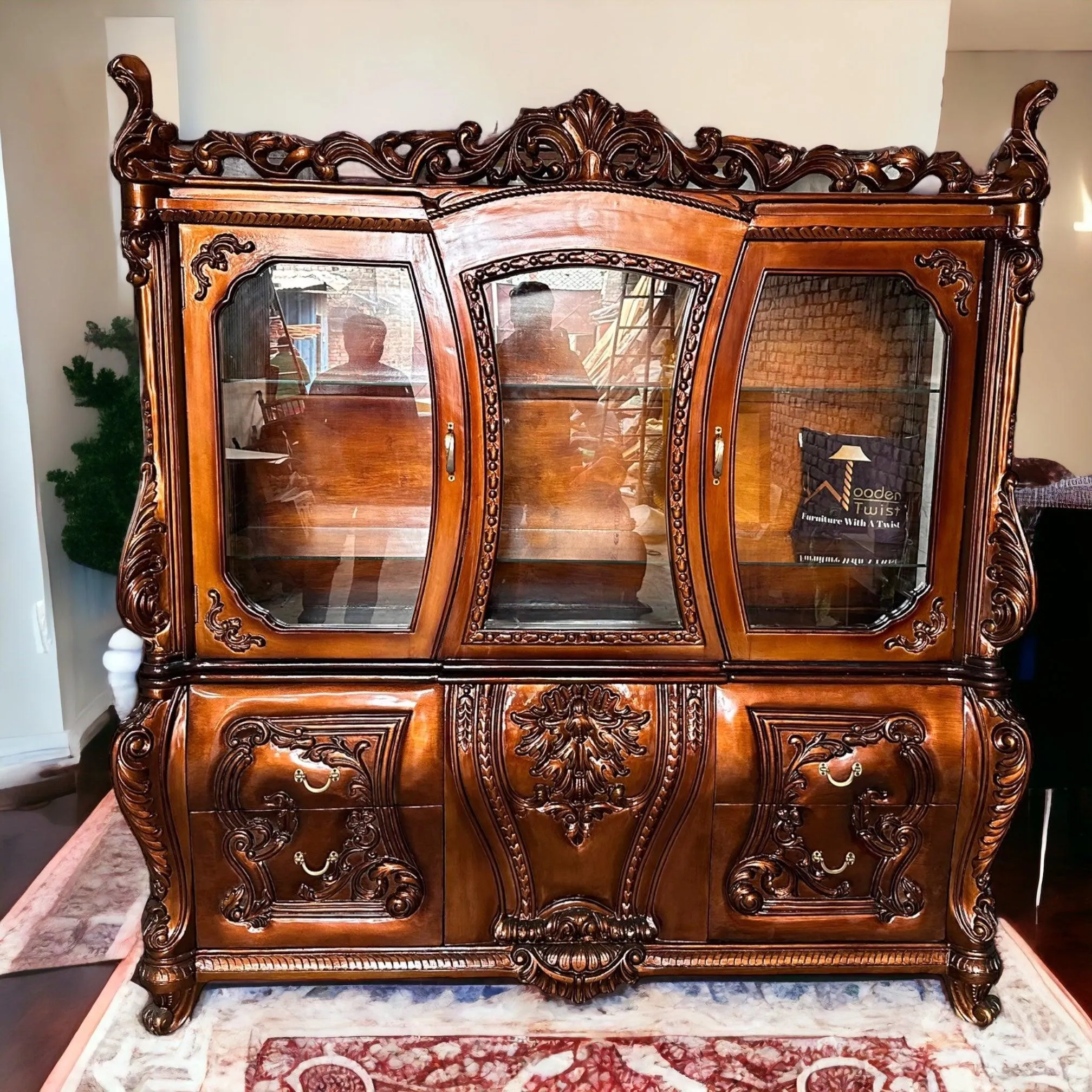 Wooden Twist Extended Royal Hand Carved Teak Wood Kitchen Cabinet Wardrobe ( Copper Finish )