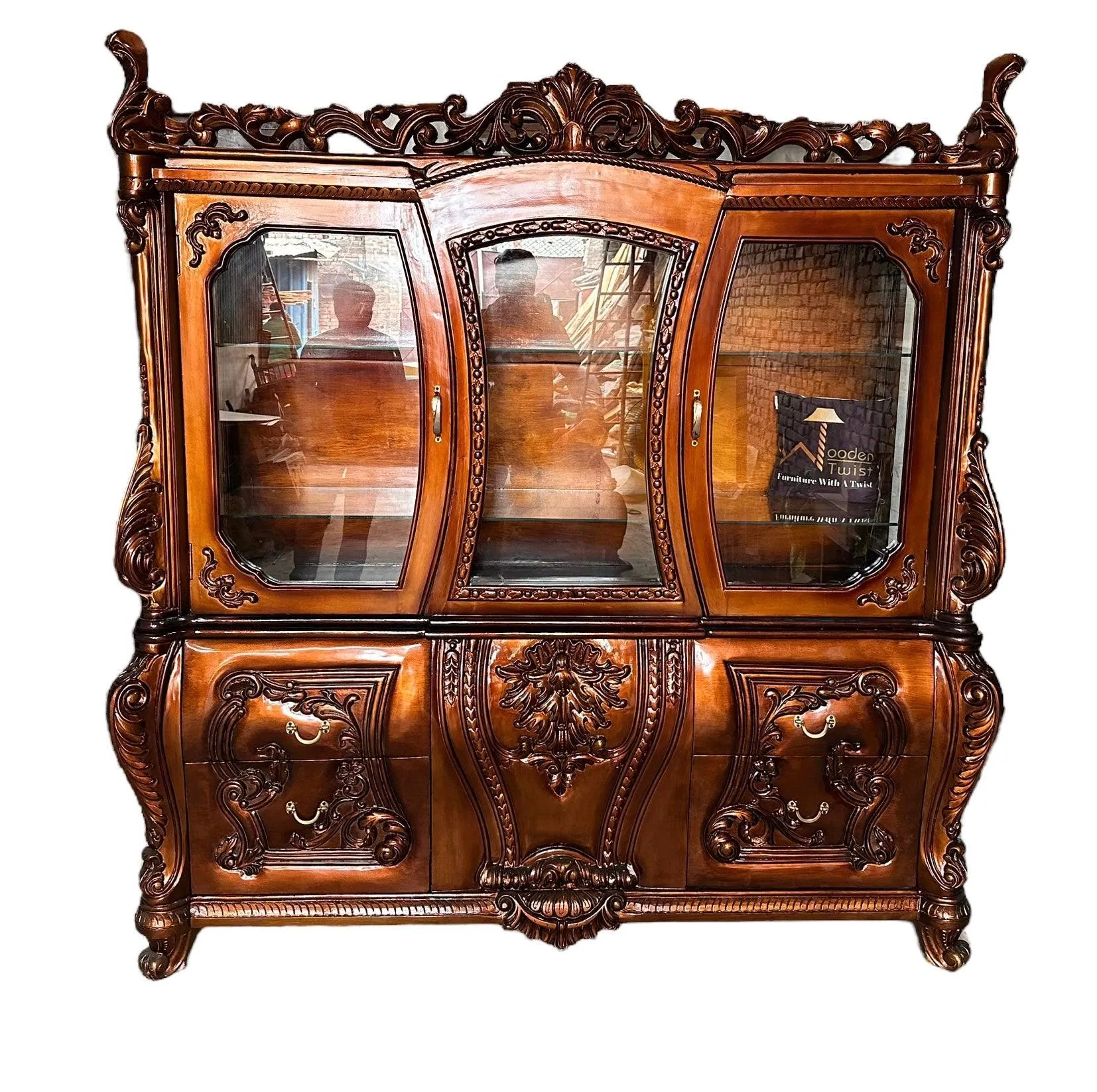 Wooden Twist Extended Royal Hand Carved Teak Wood Kitchen Cabinet Wardrobe ( Copper Finish )