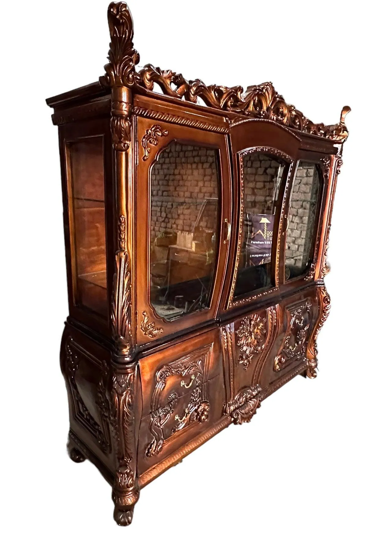 Wooden Twist Extended Royal Hand Carved Teak Wood Kitchen Cabinet Wardrobe ( Copper Finish )