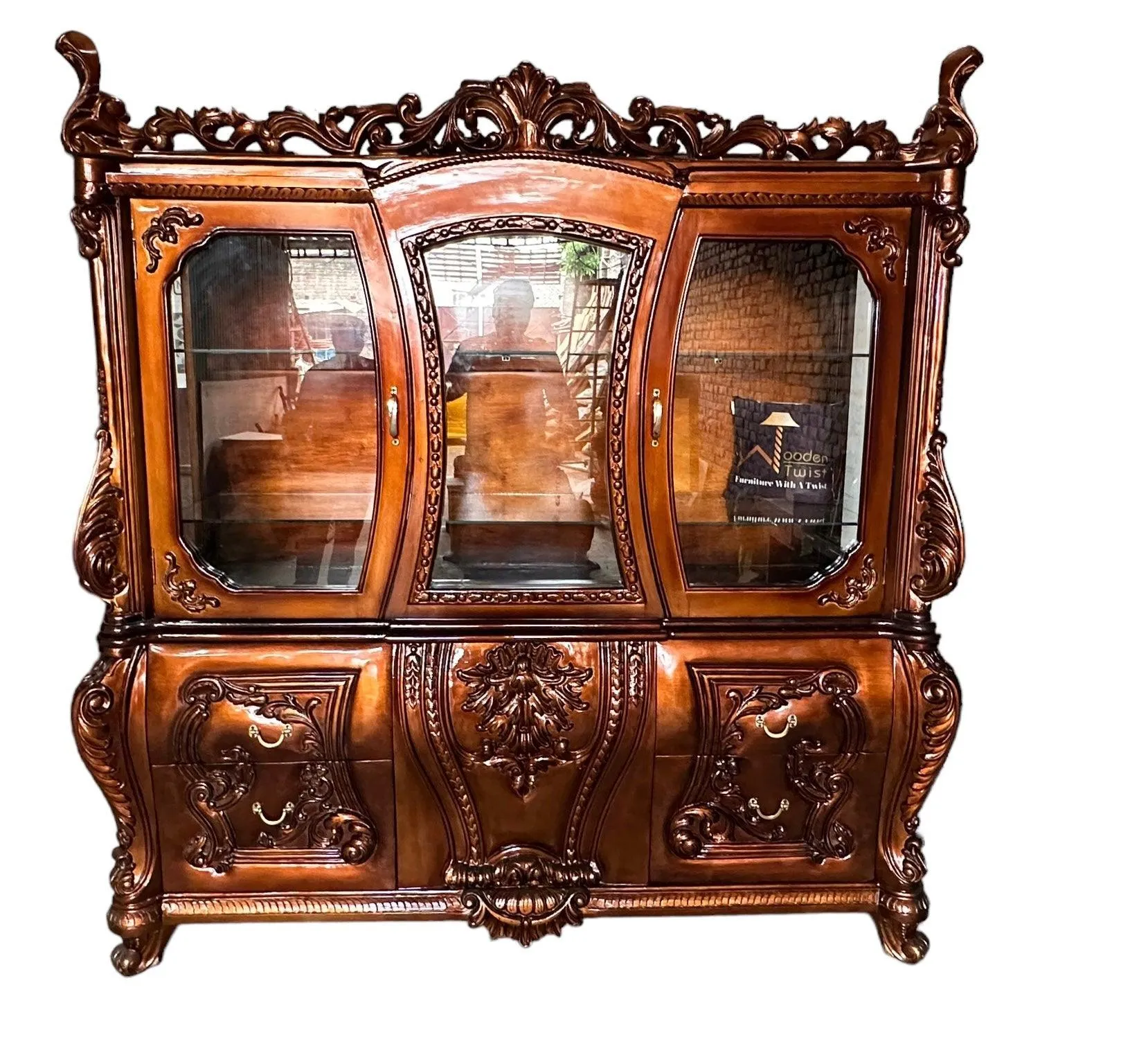 Wooden Twist Extended Royal Hand Carved Teak Wood Kitchen Cabinet Wardrobe ( Copper Finish )