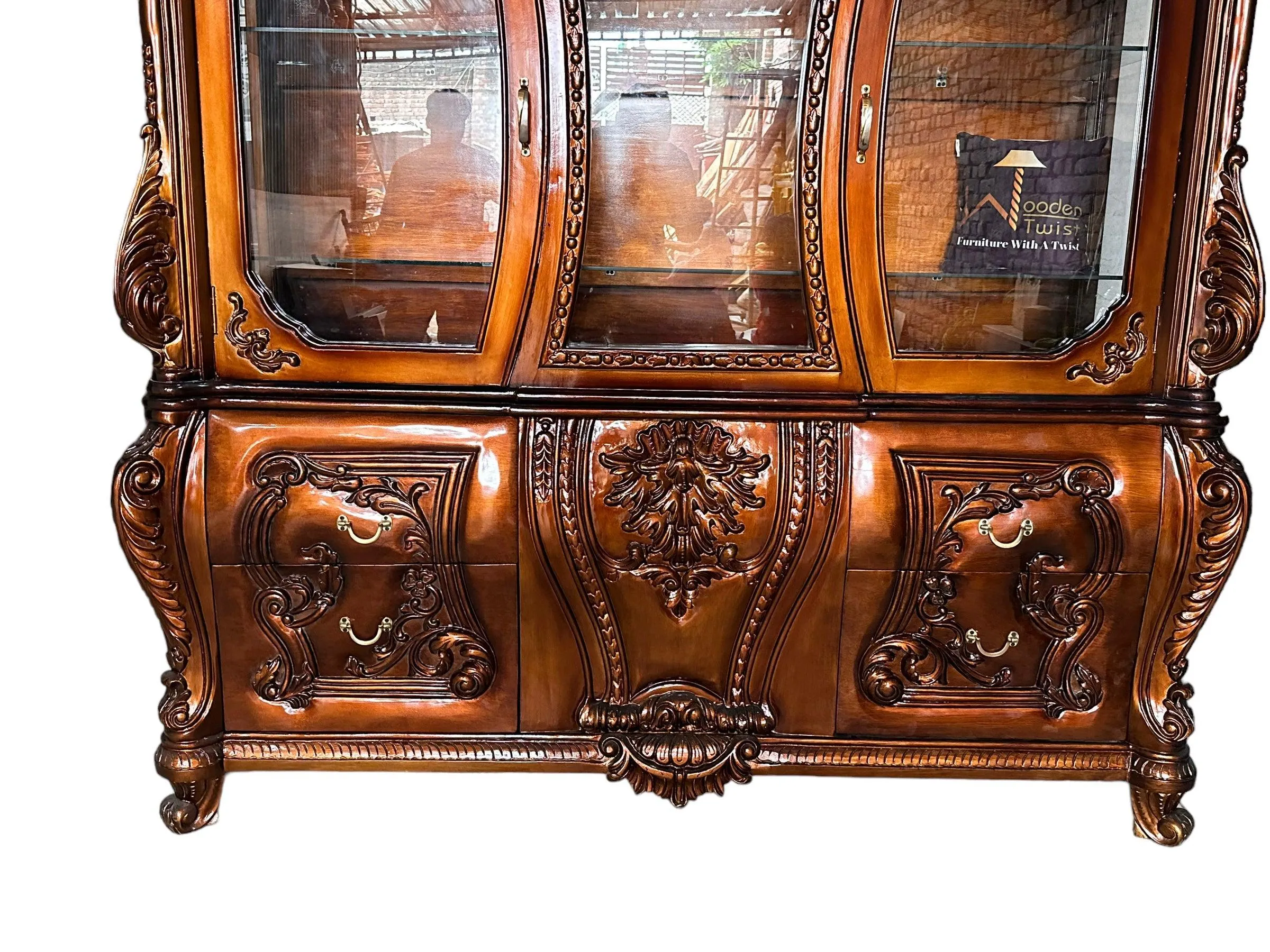 Wooden Twist Extended Royal Hand Carved Teak Wood Kitchen Cabinet Wardrobe ( Copper Finish )