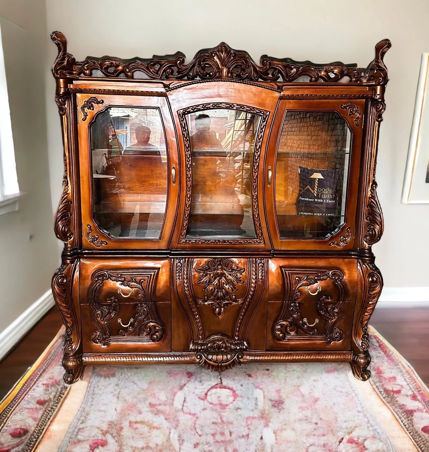 Wooden Twist Extended Royal Hand Carved Teak Wood Kitchen Cabinet Wardrobe ( Copper Finish )
