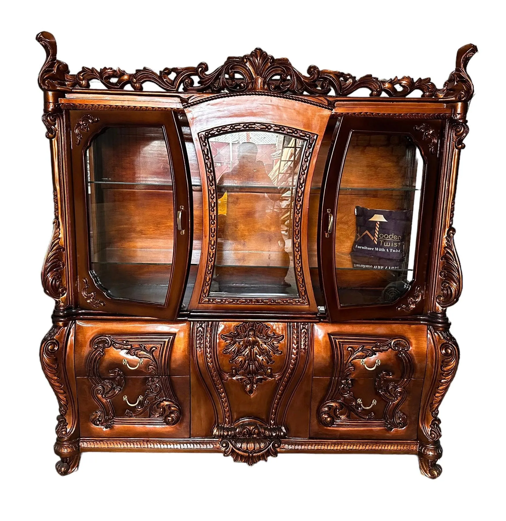 Wooden Twist Extended Royal Hand Carved Teak Wood Kitchen Cabinet Wardrobe ( Copper Finish )