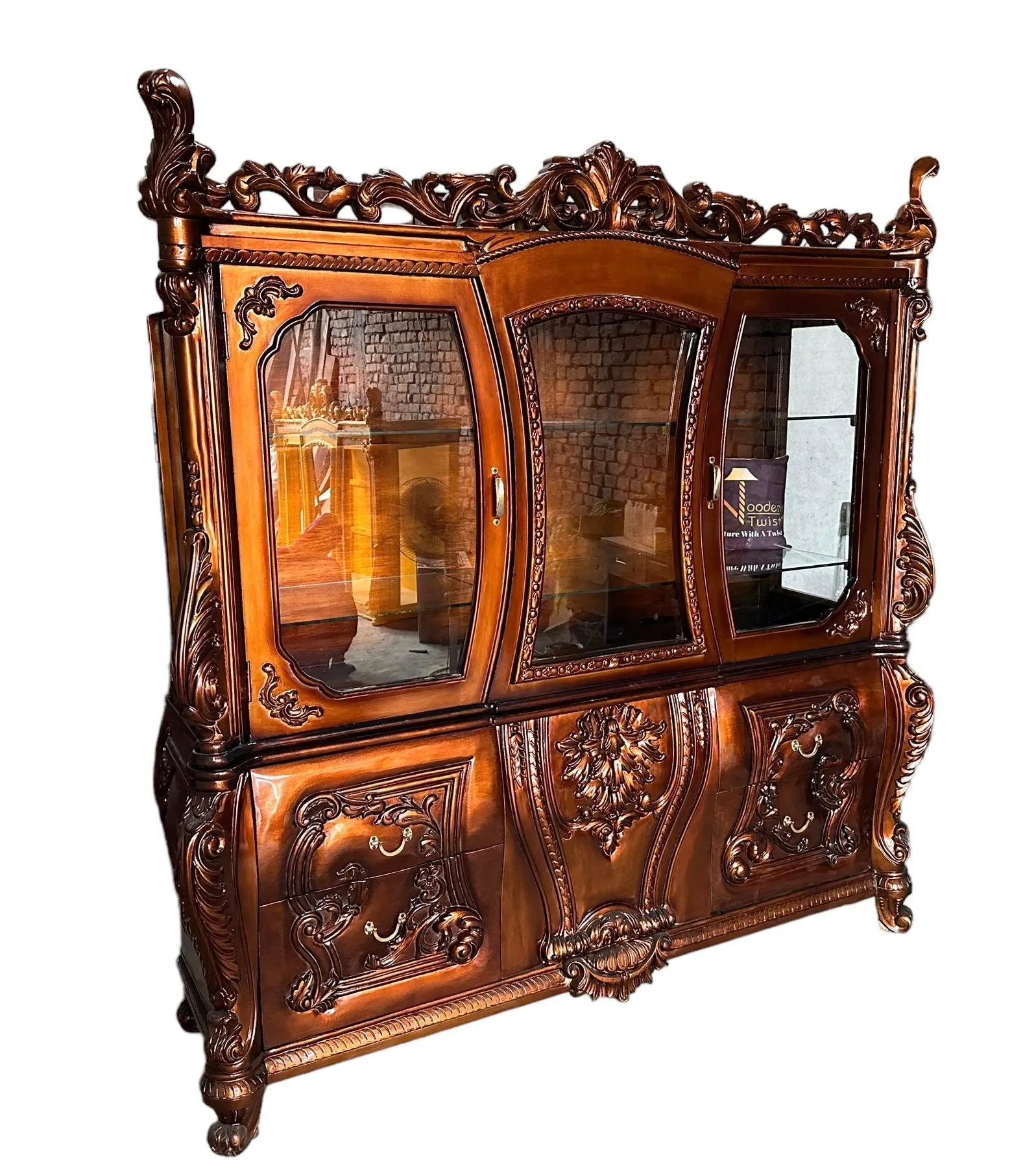 Wooden Twist Extended Royal Hand Carved Teak Wood Kitchen Cabinet Wardrobe ( Copper Finish )
